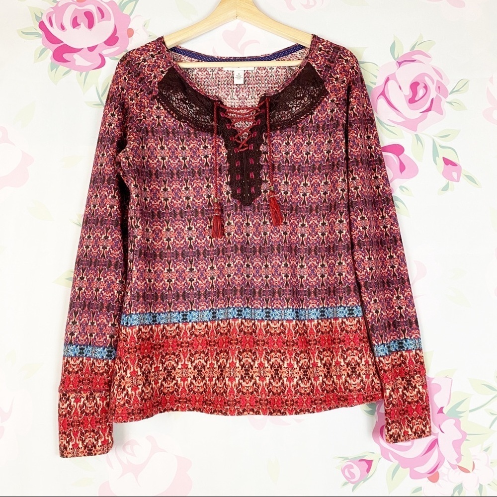 Vintage America Boho Print Long Sleeve Blouse M